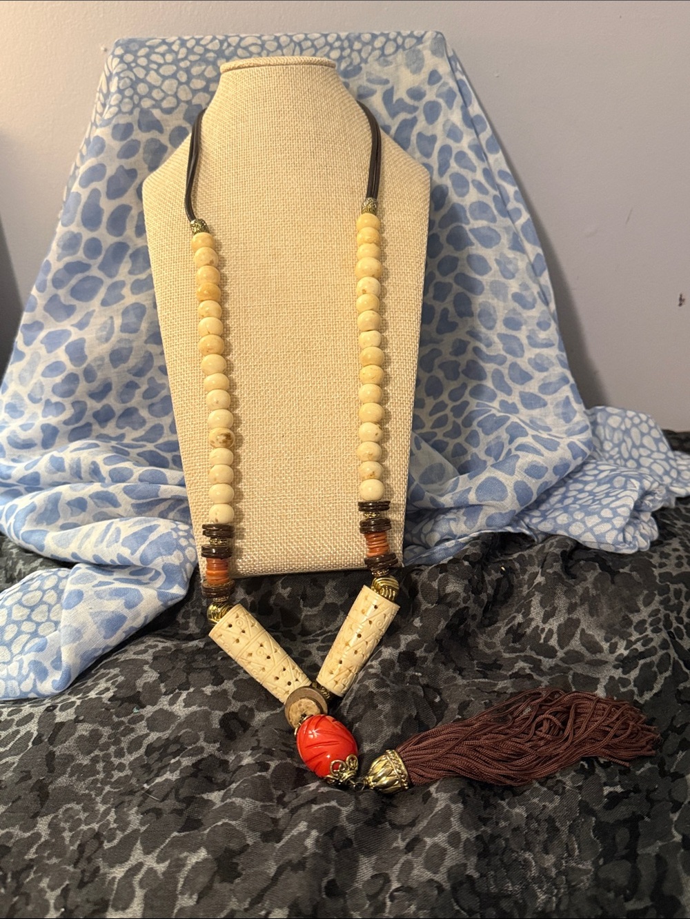 Chico's Cream Bead Necklace with Red Accent and Brown Tassel